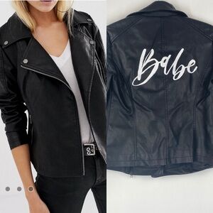 NOISY MAY Black Faux Leather Biker‎ Moto Jacket Customized Babe on Back Small S